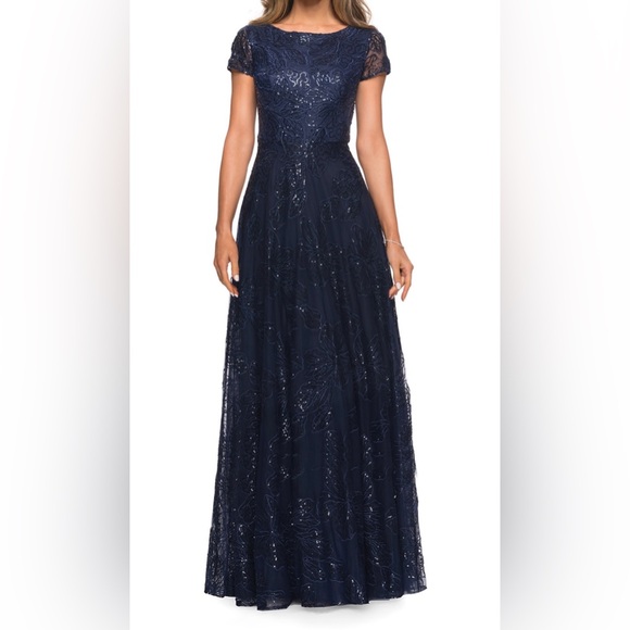 LA FEMME 27837 Wm’s Sequined Lace Bateau A-Line Dress-Counture - In Navy-Sz: 18. - Picture 1 of 2